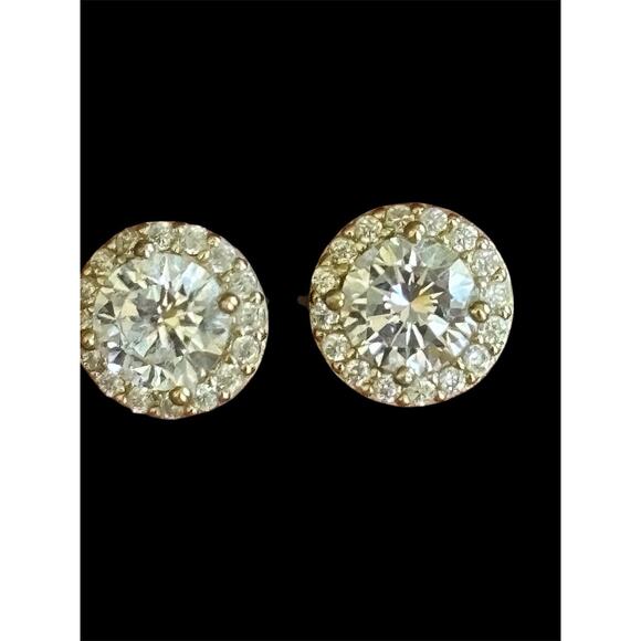 Gold Wash Sterling Silver Halo Rhinestone Stud Earrings 925 - Picture 1 of 3